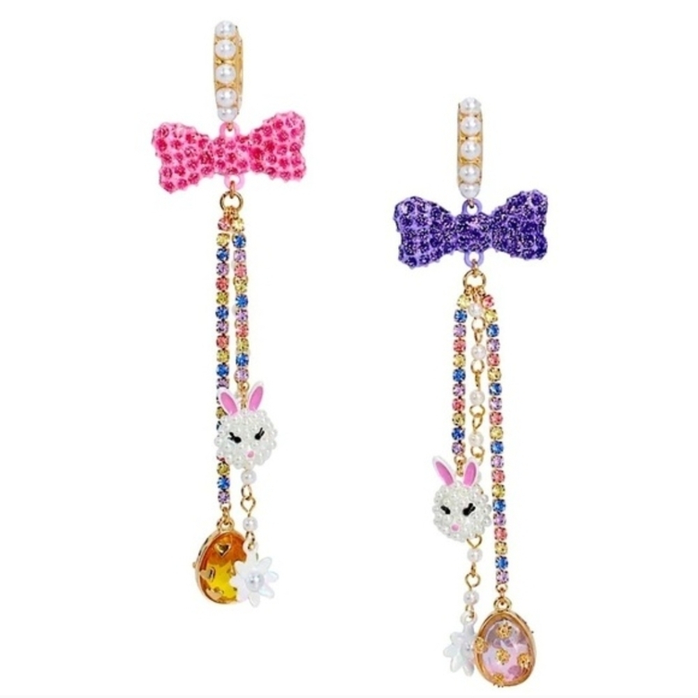 💕▪️Betsey Johnson▪️ Easter Bunny Bow Charms Pink and Purple Bunny Earrings